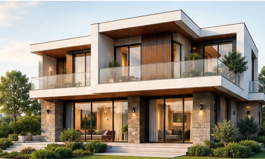 Modern villa ve şehir manzarası